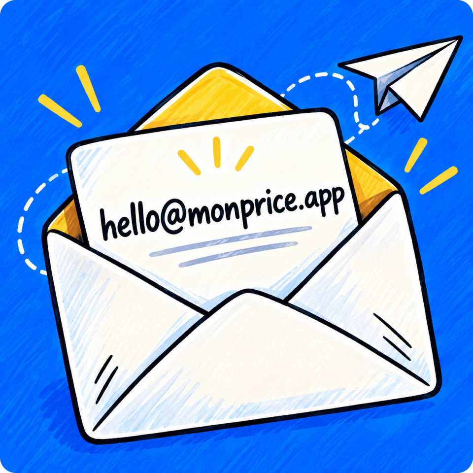 An envelope holding a letter addressed to hello@monprice.app