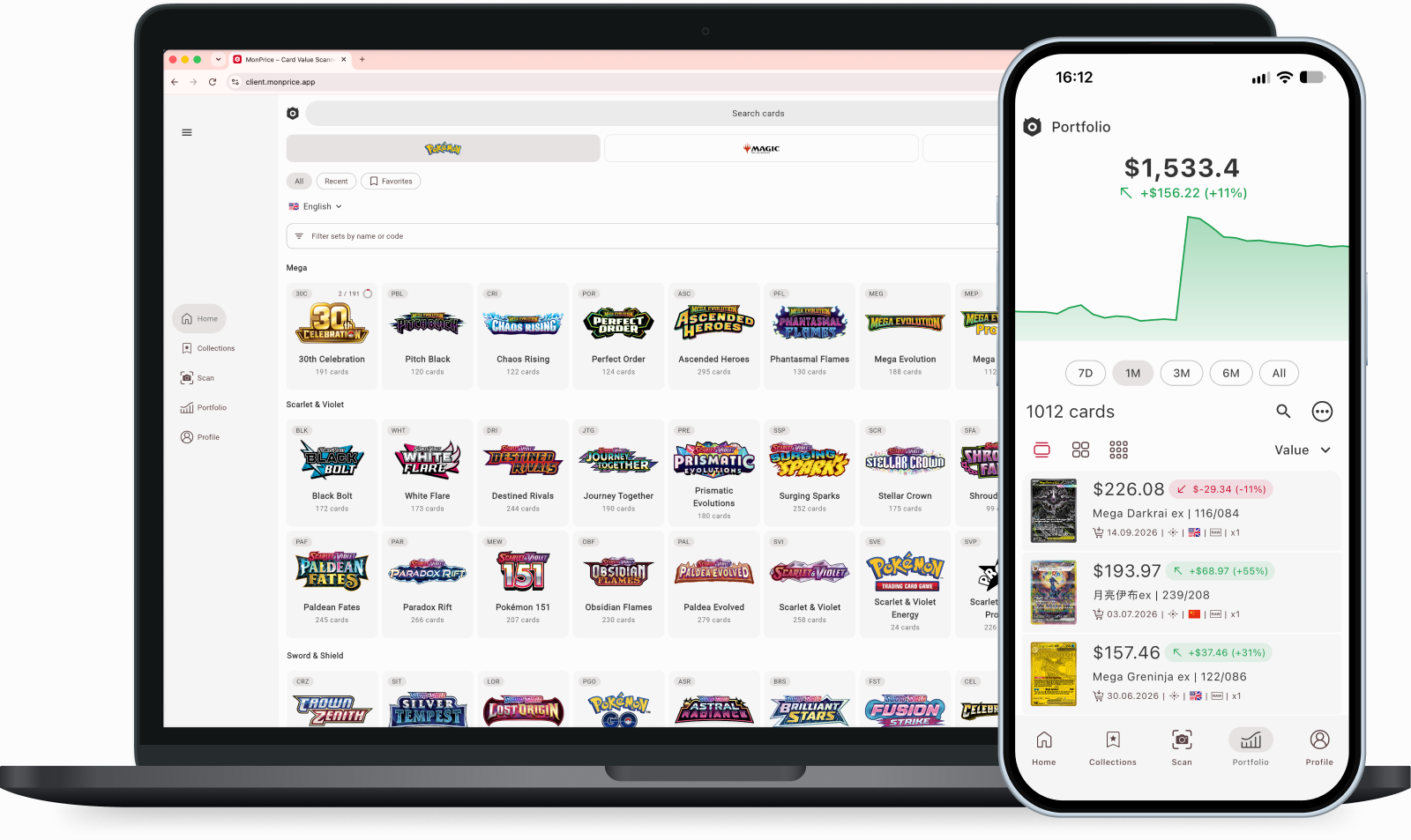 MonPrice on a laptop and a phone: the card set catalog and a portfolio chart