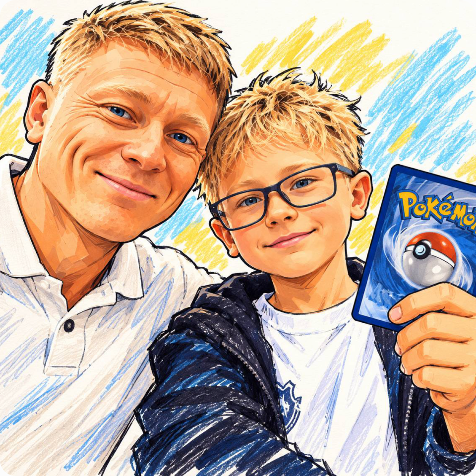 A father and his son holding a Pokémon card, drawn in colored pencil